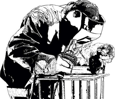 Black and white vector image of a welder in overalls and a protective mask at work