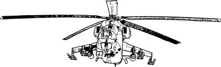 Black and white vector image of a military helicopter with combat machine guns and grenade launchersのイラスト素材