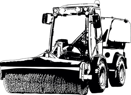 Black and white vector image of special equipment Vacuum Sweeper car in the streetsのイラスト素材
