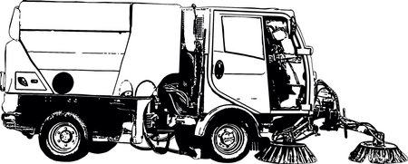 Black and white vector image of special equipment Vacuum Sweeper car in the streetsのイラスト素材