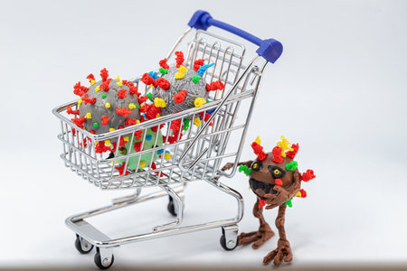 Monster virus rolls a food cart full of molecules of other virusesの写真素材