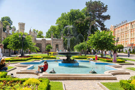 KISLOVODSK - JULY 04: Fountain with crystal clear water near the drinking gallery in the resort park. July 04, 2021 in Kislovodsk, Russia.のeditorial素材