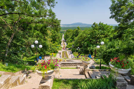 ZHELEZNOVODSK - JULY 04: Top view of staircase with fountains and flower beds in resort park of the...