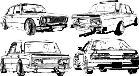 Black and white vector image of tuned racing cars for street racing and driftのイラスト素材