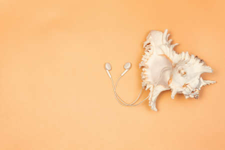 Listen to the music of the sea from the seashell through headphonesの写真素材