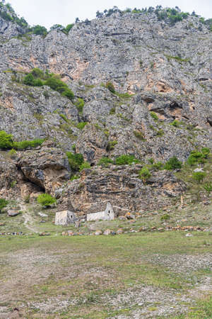 Stone crypts for the burial of the dead in a high-mountain village of North Ossetiaの写真素材