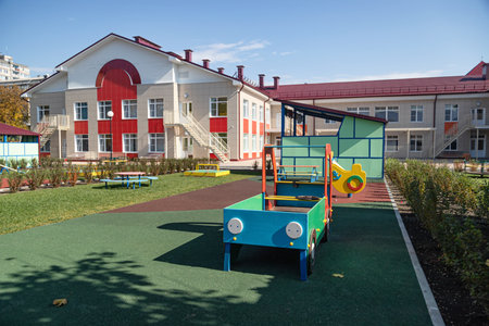 Children's playground of the new kindergarten without childrenの写真素材