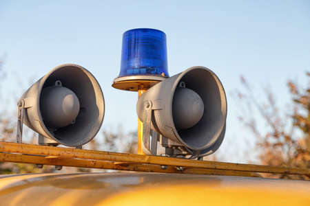 Emergency audible and visual warning system is installed on an old police machineの写真素材