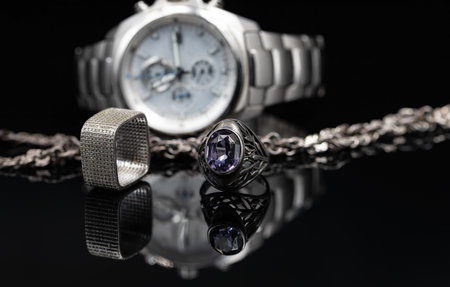 Men's watches in titanium case and women's jewelry made of silverの写真素材