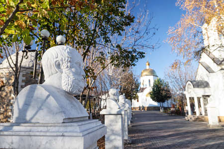 ESSENTUKI - OCTOBER 22: Alley of busts of famous Greeks in the temple complex. October 22, 2021 in Essentuki, Russiaのeditorial素材