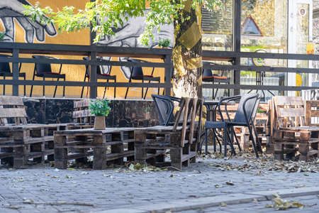 ESSENTUKI - OCTOBER 12: outdoor cafe furniture made of pallets in loft style. October 12, 2021 in Essentuki, Russiaのeditorial素材