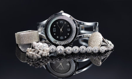 Elegant womens watches in a metal case and jewelry made of silverの写真素材
