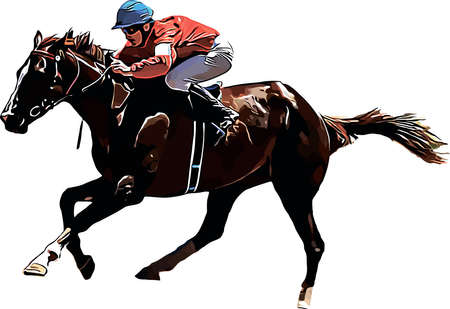 Racehorse with jockey at races. Isolated on a white backgroundのイラスト素材