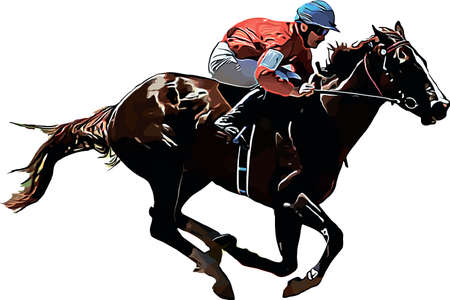 Racehorse with jockey at races. Isolated on a white backgroundのイラスト素材