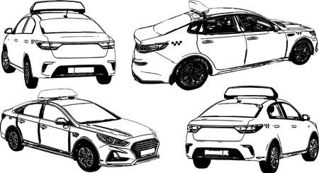black and white vector images of urban taxisのイラスト素材