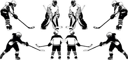 A selection of black and white vector images of players of the hockey team in uniformのイラスト素材