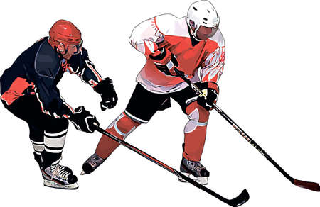 Color vector image of two hawkers from different teams fighting for the puckのイラスト素材