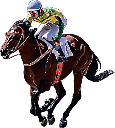 Racehorse with jockey at races. Isolated on a white backgroundのイラスト素材