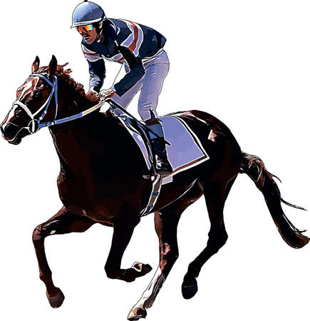 Racehorse with jockey at races. Isolated on a white backgroundのイラスト素材