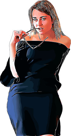 charming young teacher holds a shackle of her glasses in her mouthのイラスト素材