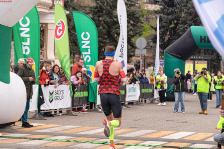 Participants in the long-distance race at the finish lineのeditorial素材