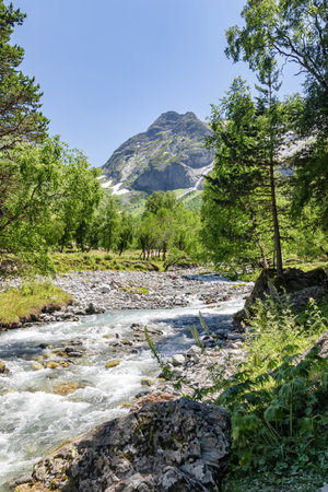 A fast water flow of a mountain river with rocky banks runs through a mountain valleyの写真素材