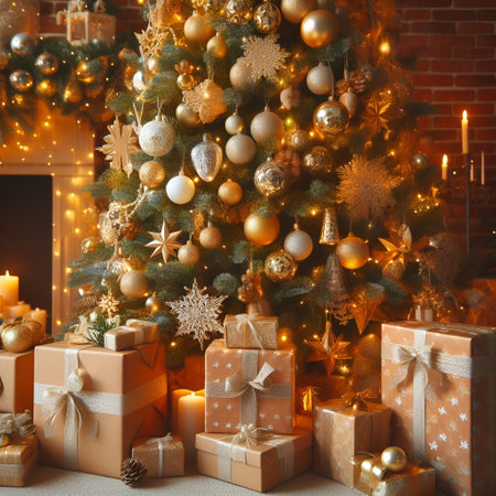 Decorated with a large number of balls and toys, a Christmas tree stands in the living roomの素材