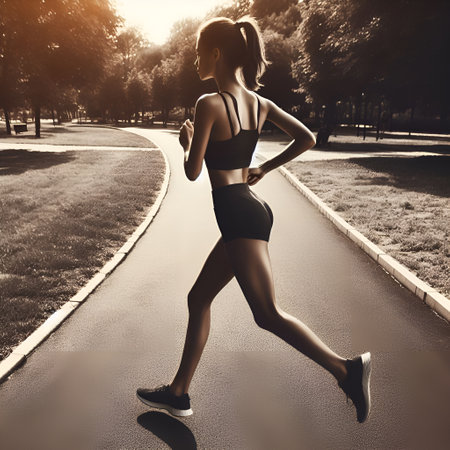Slender girl in sportswear jogging in summer city parkの素材