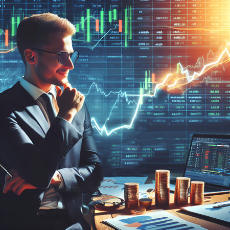 Portrait of young businessman in suit and eyeglasses looking at glowing forex chart. Stock market concept. Double exposureの素材