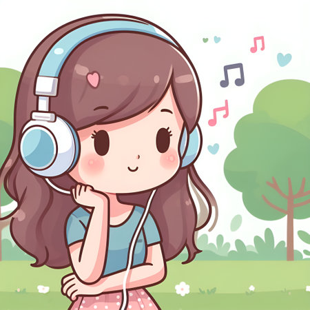 Girl listening to music with headphones in the park. Vector illustration.の素材