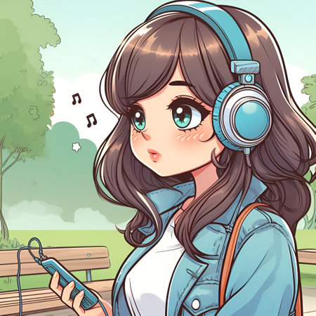 Beautiful girl listening to music with headphones in the park. Vector illustration.の素材