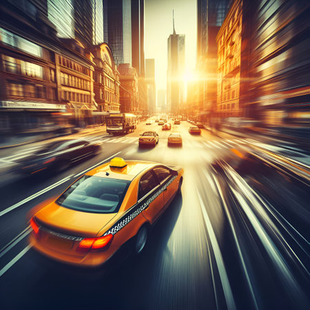A luxury taxi speeds along the roads of a big city in the evening at sunsetの素材