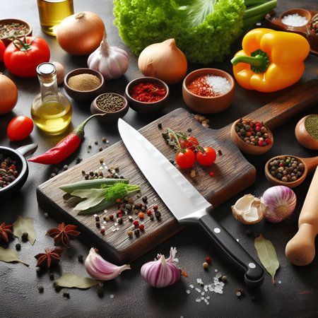 Composition with fresh vegetables, spices and kitchen knife on grey backgroundの素材