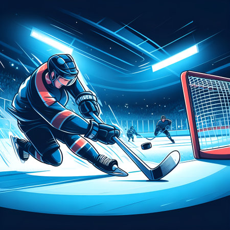 Hockey player in action on ice arena background, vector illustration.の素材