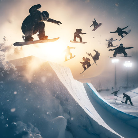 A snowboarder performs a trick while jumping over a snowy slope. Dynamic illustrationの素材