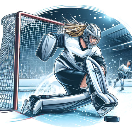 The Goalkeeper of the hockey team hits the puck and defends the goalの素材