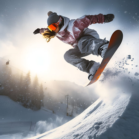 A snowboarder performs a trick while jumping over a snowy slope. Dynamic illustrationの素材