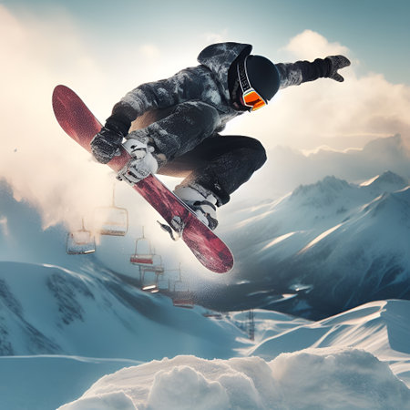 A snowboarder performs a trick while jumping over a snowy slope. Dynamic illustrationの素材