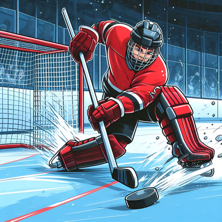 The Goalkeeper of the hockey team hits the puck and defends the goalの素材