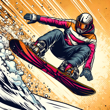 Vector illustration of a snowboarder jumping on a background of splashes.の素材