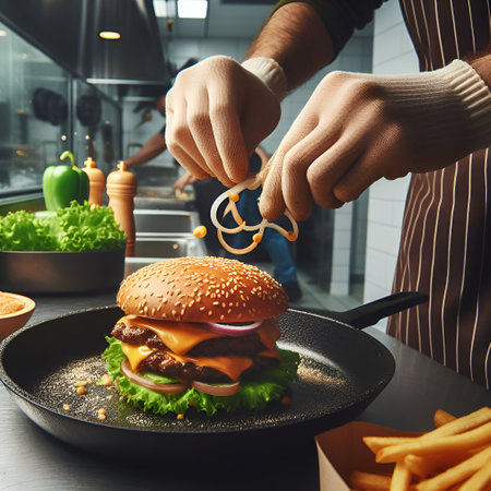 Chef preparing tasty hamburger in restaurant kitchen, closeup.の素材