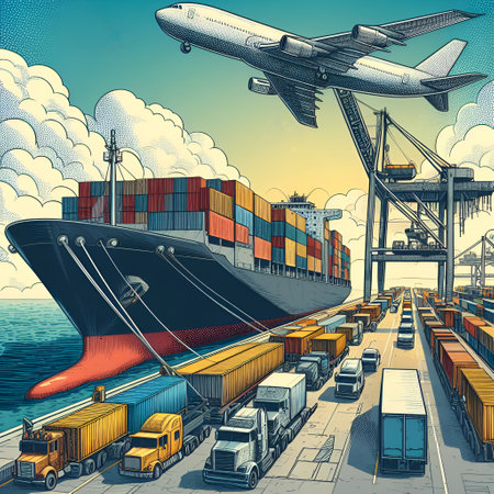 At the port, cargo is unloaded from a large cargo ship and loaded onto planes and trucksの素材