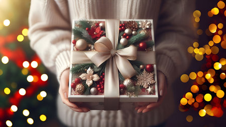 A girl dressed in a sweater is holding a New Year's gift packed in a beautiful box with a bowの素材