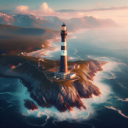 A tall lighthouse stands on a rocky island in the sea. Time of day - sunsetの素材