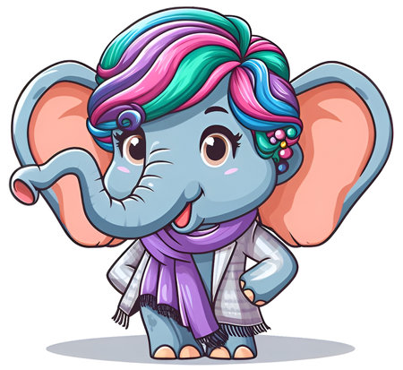 Stylish and fashionable baby elephant with colorful hair on white backgroundの素材