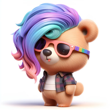 Illustration: Fashionable teddy bear with stylish hairstyle of colorful hairの素材
