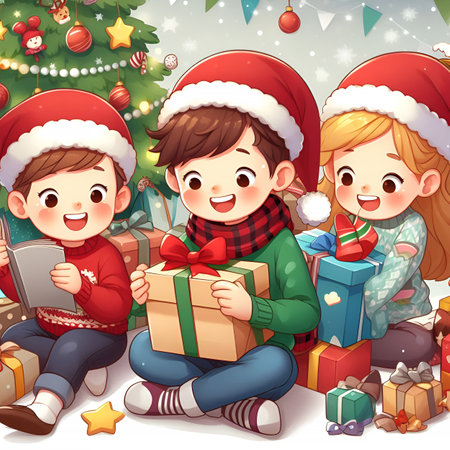 Kids holding Christmas gifts in their hands in beautiful boxes with bows. Boxing Dayの素材