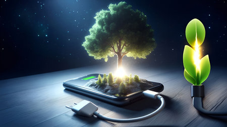 Smartphone battery is charged by the clean energy of green forestsの素材