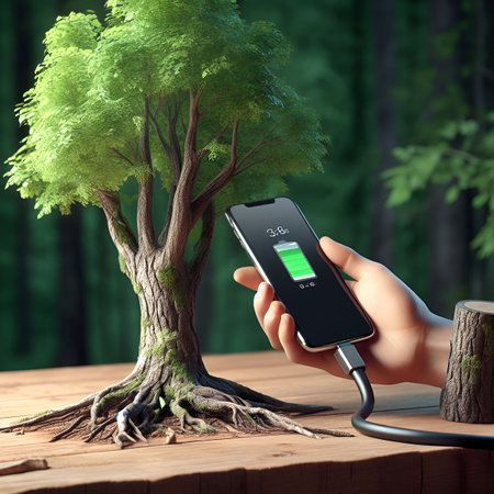 Smartphone battery is charged by the clean energy of green forestsの素材