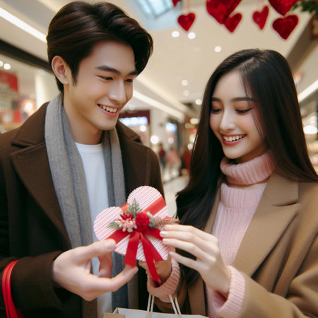 A guy gives his sweetheart a gift for Valentines Dayの素材